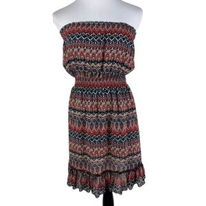 Deb Strapless Multicolor Patterned Ruffle Hem Lined Dress Women's Medium‎ Brown
